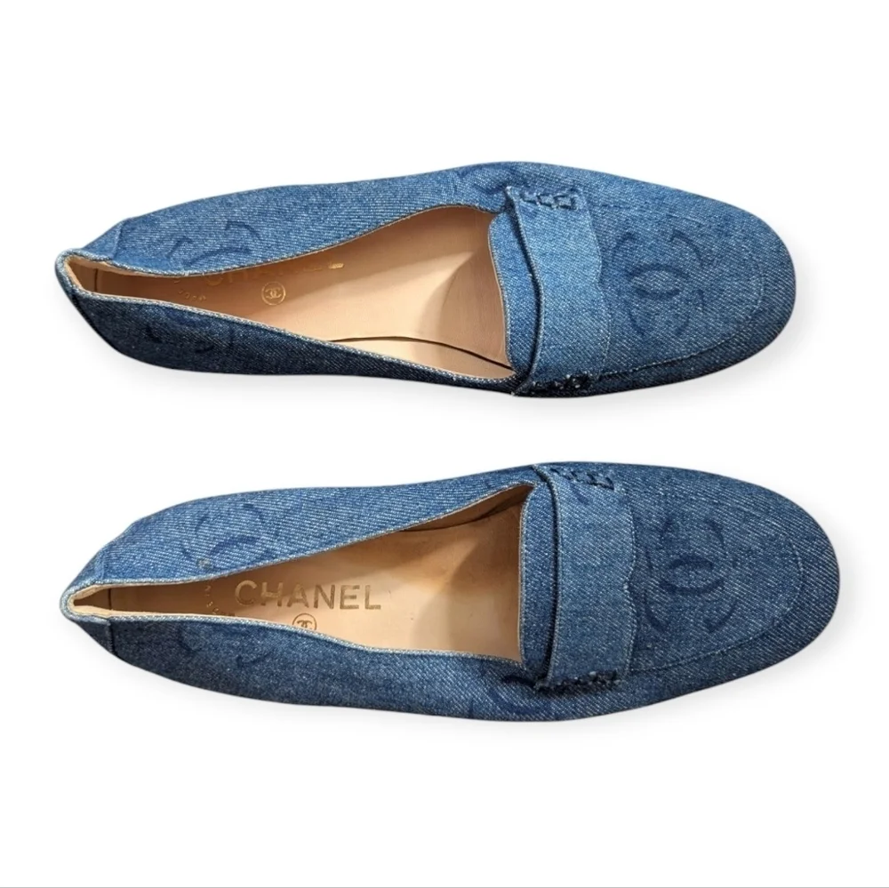 Vintage Y2K Chanel Denim Loafers Rare Designer Luxury Slip-On Shoes Flats Sz 10